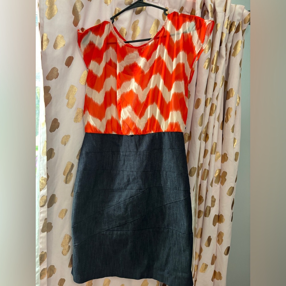 Chevron Patterned Dress with Denim Skirt